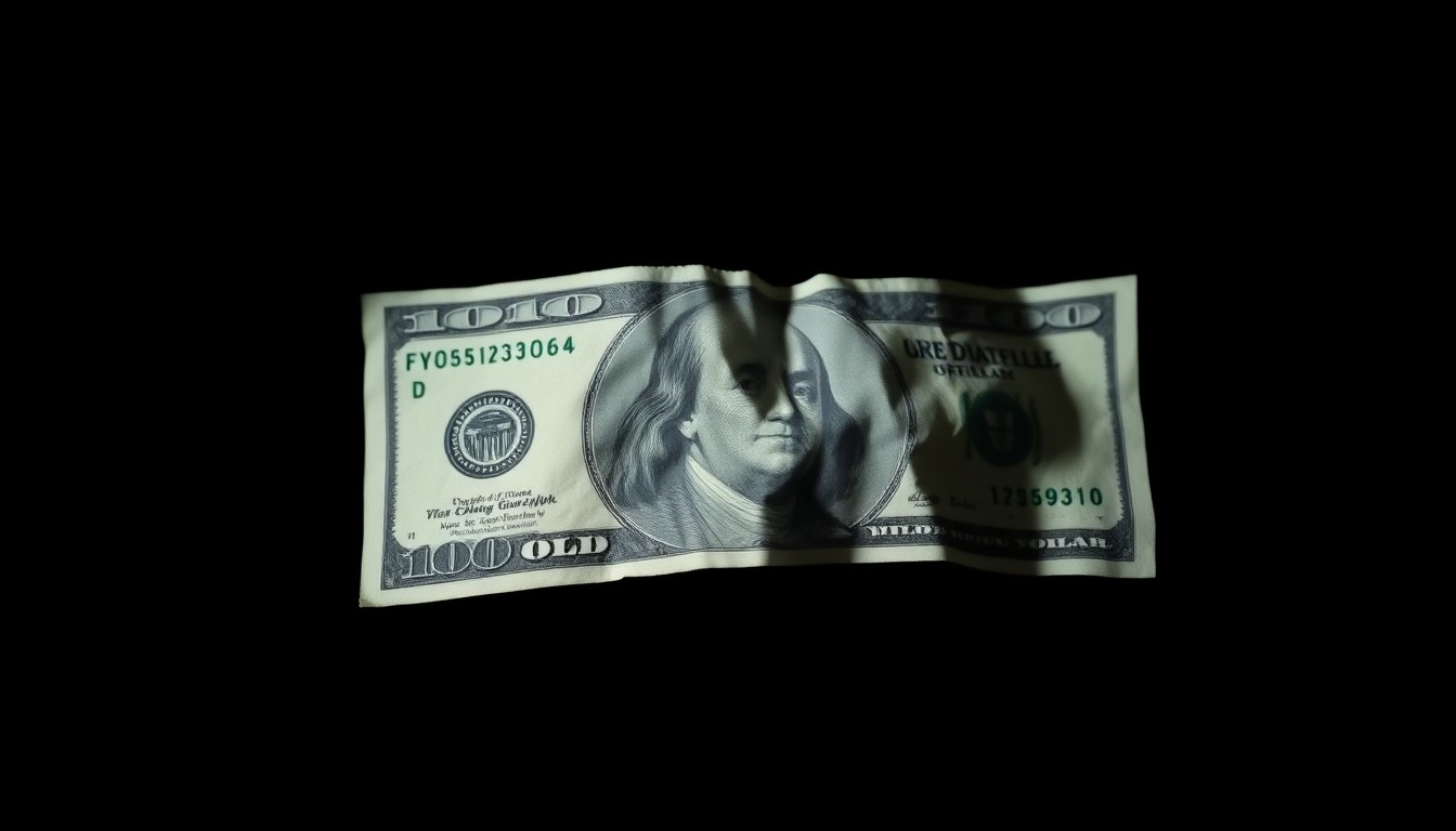 An extreme close-up photograph of a crumpled, partially torn $100 bill, capturing the textural details and gritty nature of counterfeit currency through dramatic lighting and a stark, investigative aesthetic.