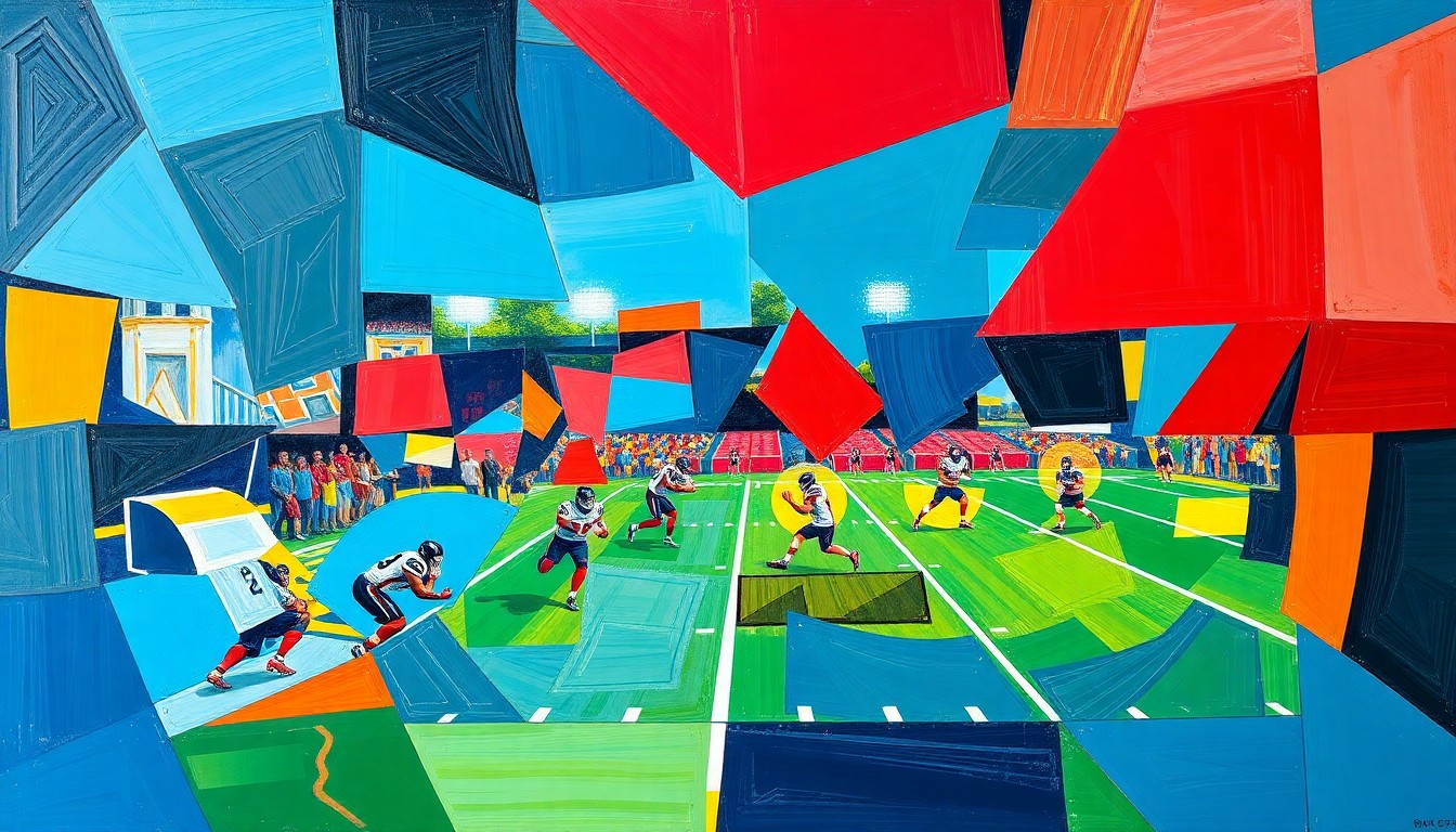A cubist, geometric painting depicting fragmented and overlapping scenes of a football game or practice, with sharp lines and vibrant colors representing the Raiders' new era.