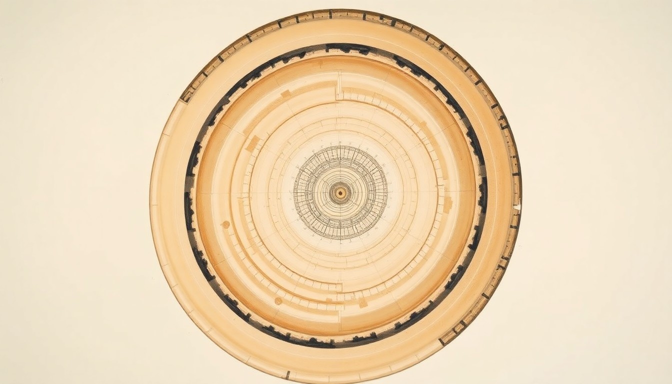 A highly structured abstract painting in muted earth tones, featuring sweeping geometric arcs, concentric circles, and precise botanical spirals, conceptually representing the complex medical and scientific forces involved in the Artemis II astronaut recovery mission.
