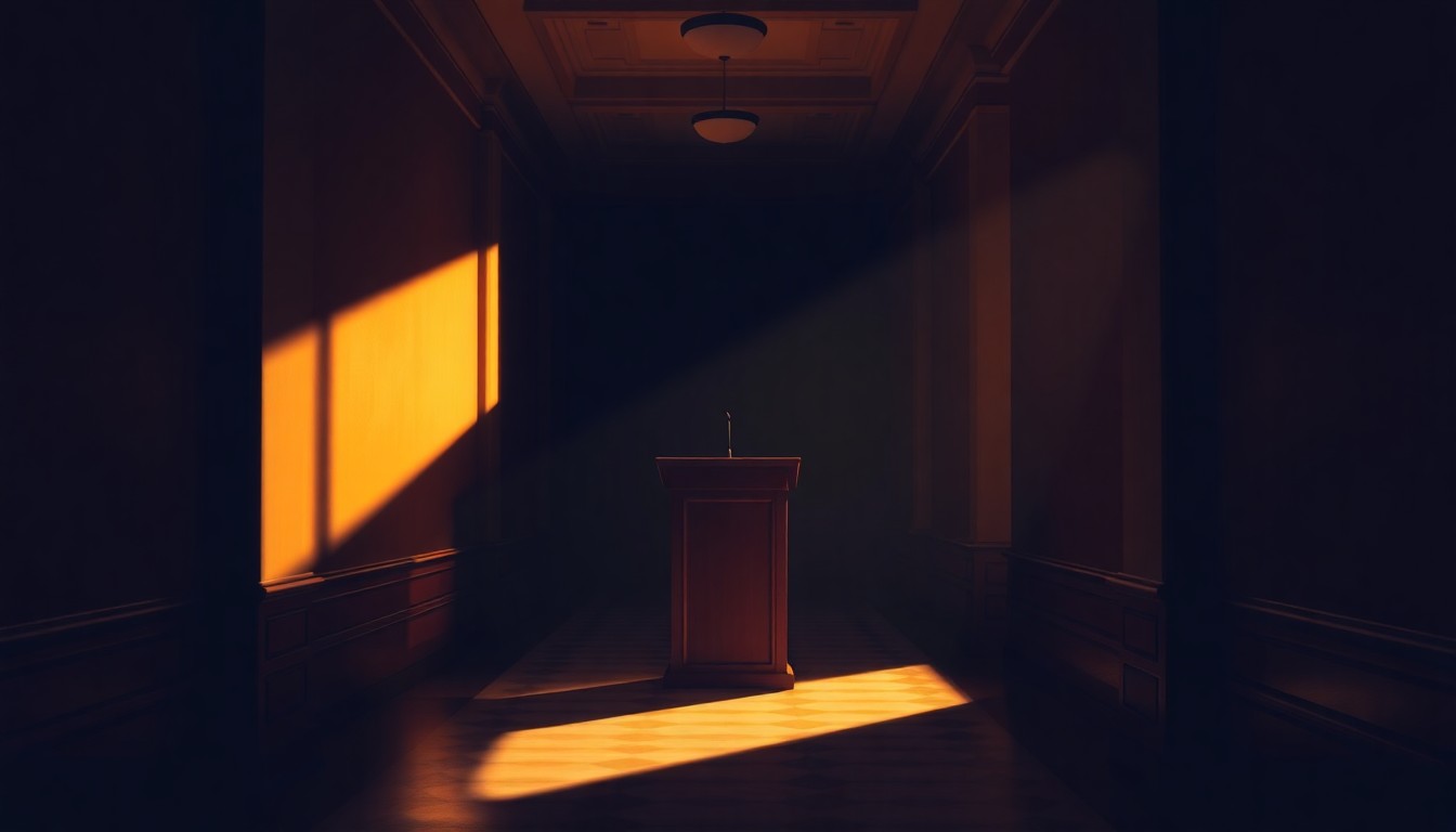 A cinematic, moody painting of a lone podium in a dimly lit government hallway, with warm sunlight casting dramatic shadows, conceptually representing the political debate over Baltimore's budget.
