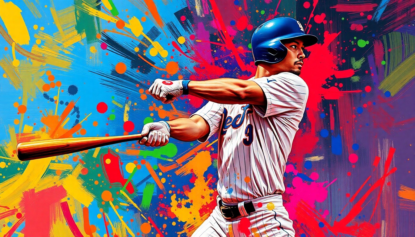 An extreme close-up of Ichiro Suzuki's bronze bat mid-swing, the metal surface reflecting a vibrant neon glow as the rest of the scene dissolves into a colorful expressionist blur, conceptually capturing the unexpected yet endearing moment when the bat broke during the statue's unveiling ceremony.