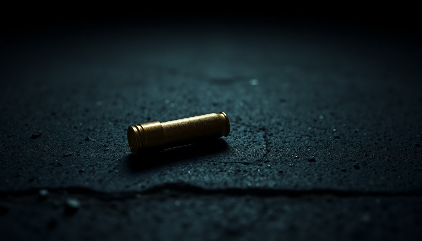 An extreme close-up of a single spent shell casing on a dark concrete surface, conceptually illustrating the aftermath of a shooting incident.