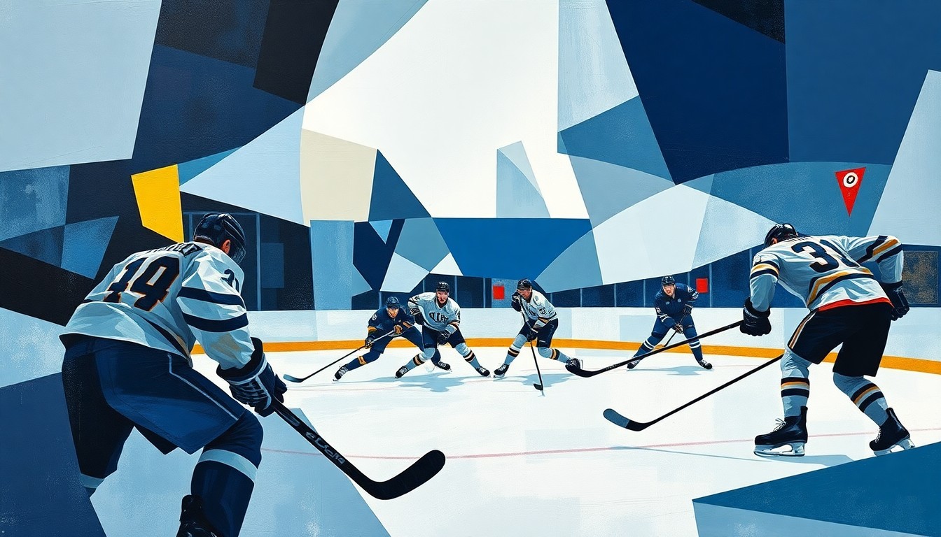A cubist-style painting featuring sharp, overlapping geometric shapes in cool blues, greys, and whites, with flashes of red and yellow, abstracting the forms of hockey players in motion.