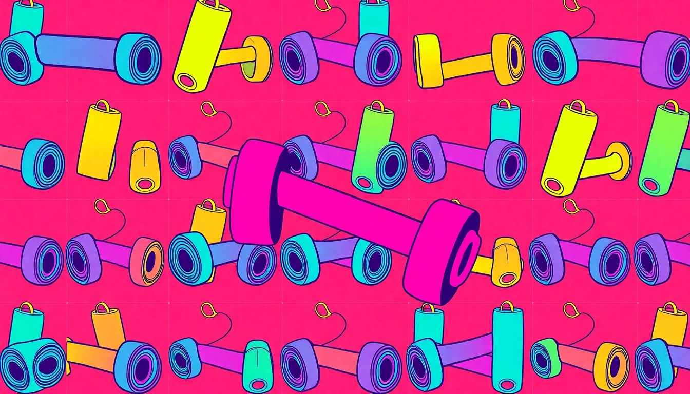 A vibrant, abstract silkscreen print featuring a repeated pattern of a single fitness object, such as a yoga mat or dumbbell, in a bold, neon color palette, conceptually representing the diverse workout options at Fitness Club Merritt Island.