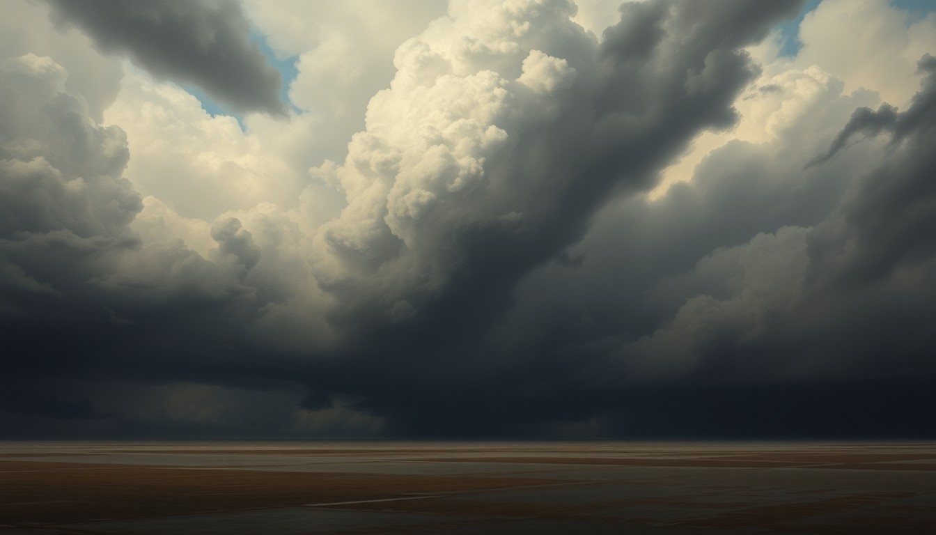 A sweeping, atmospheric landscape painting in muted tones of gray, blue, and green, depicting a vast, stormy sky filled with dark, ominous clouds hovering over a flat, flooded plain. The scene conveys a sense of the overwhelming power and scale of the approaching weather system, with any physical structures or objects dwarfed and obscured by the dramatic atmospheric conditions.