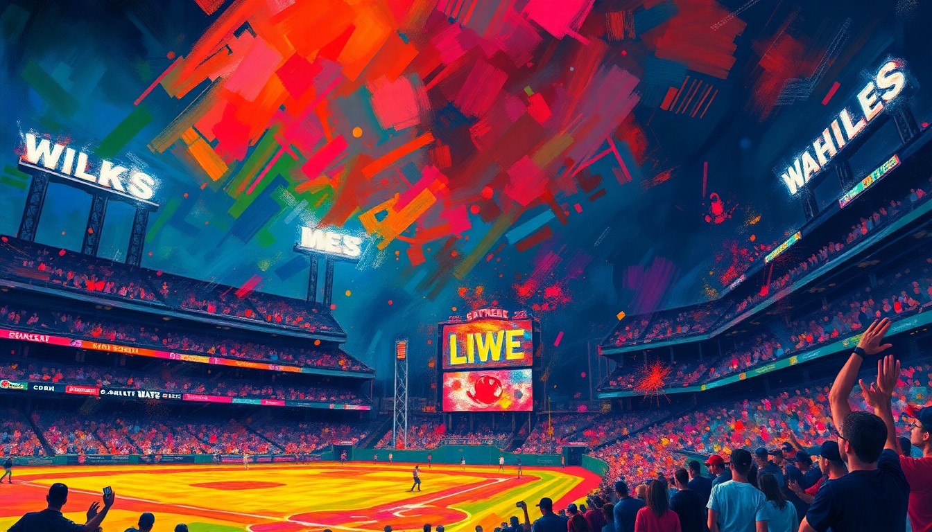 An abstract, expressionist painting in vibrant neon colors depicting the chaotic scene of a baseball stadium suddenly plunged into darkness, with the faint glow of emergency lighting and the silhouettes of frustrated fans.