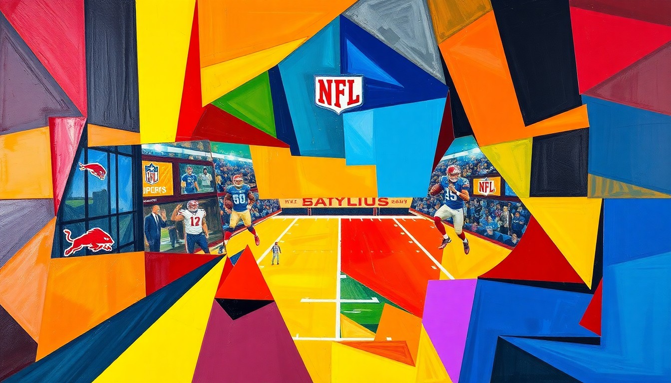 A cubist, geometric painting depicting an NFL playoff game, with the field and players broken down into sharp, overlapping shapes in the team's colors, creating a dynamic and abstract visual representation of the changing playoff landscape.
