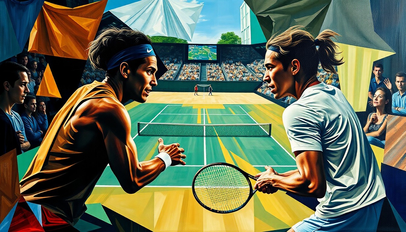 A fractured, cubist-style painting depicting the intense tennis match between Daniil Medvedev and Matteo Berrettini, with the players' forms broken down into sharp, overlapping geometric shapes and planes of color, conveying the raw emotion and energy of the encounter.