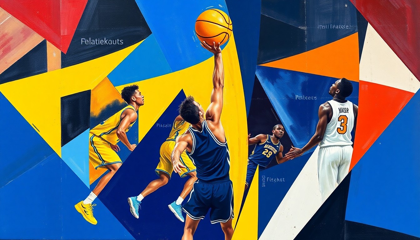 A fractured, cubist-style painting depicting a college basketball game broken down into sharp, overlapping geometric planes of vibrant colors like maize and blue, conceptually representing Michigan's strategic yet ambitious roster overhaul through the transfer portal.