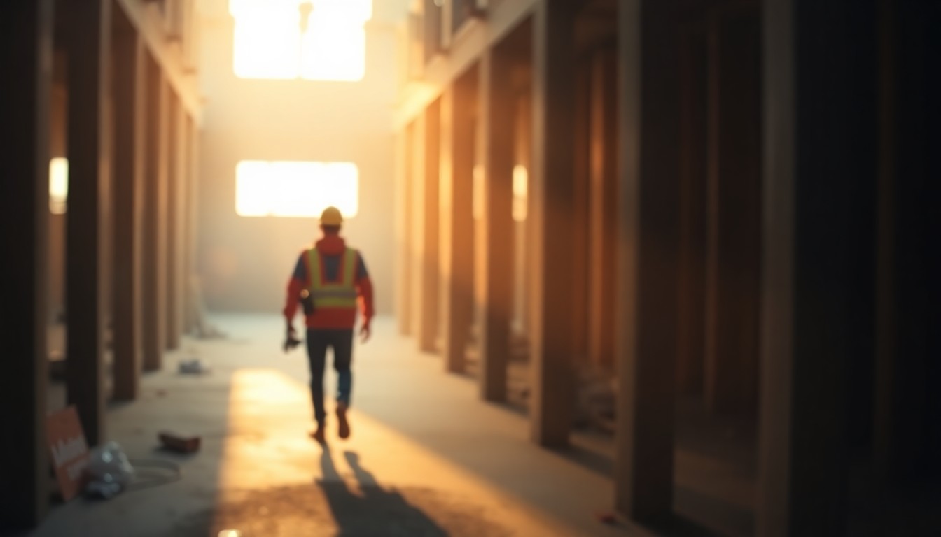 An abstract, impressionistic scene of a construction worker in a hard hat walking through a partially built structure, with warm, blurred pools of light and color creating a dreamlike, atmospheric quality.