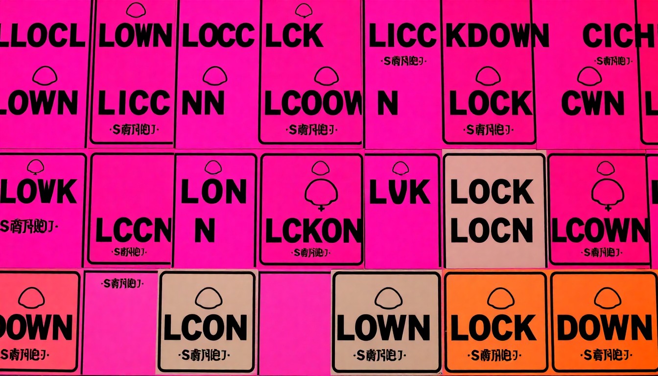 A repeating grid pattern of a stylized school emergency lockdown sign in bright neon colors, conceptually representing the coordinated safety drills between the high school and local public safety agencies.