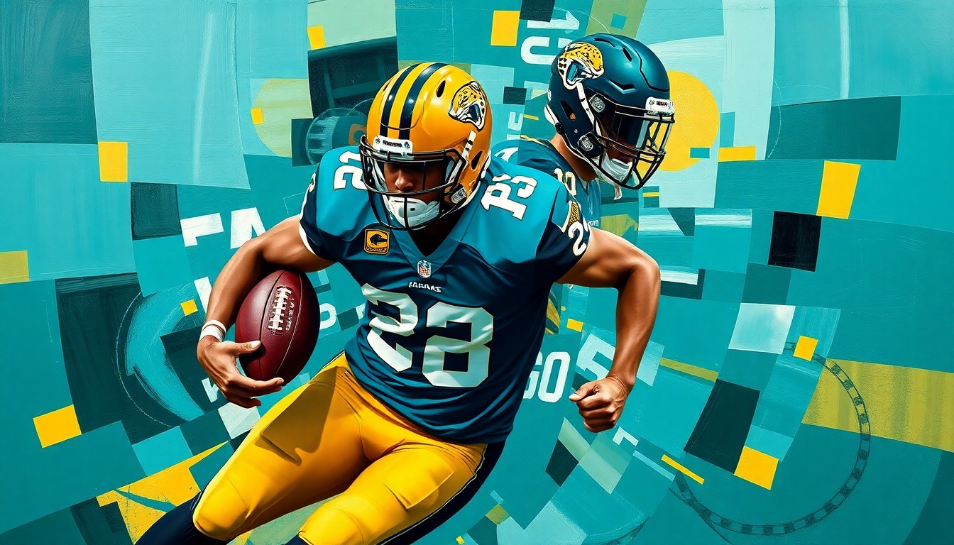 A cubist, geometric painting depicting a football player in motion, with sharp, overlapping planes of teal, gold, and black representing the Jacksonville Jaguars' colors.