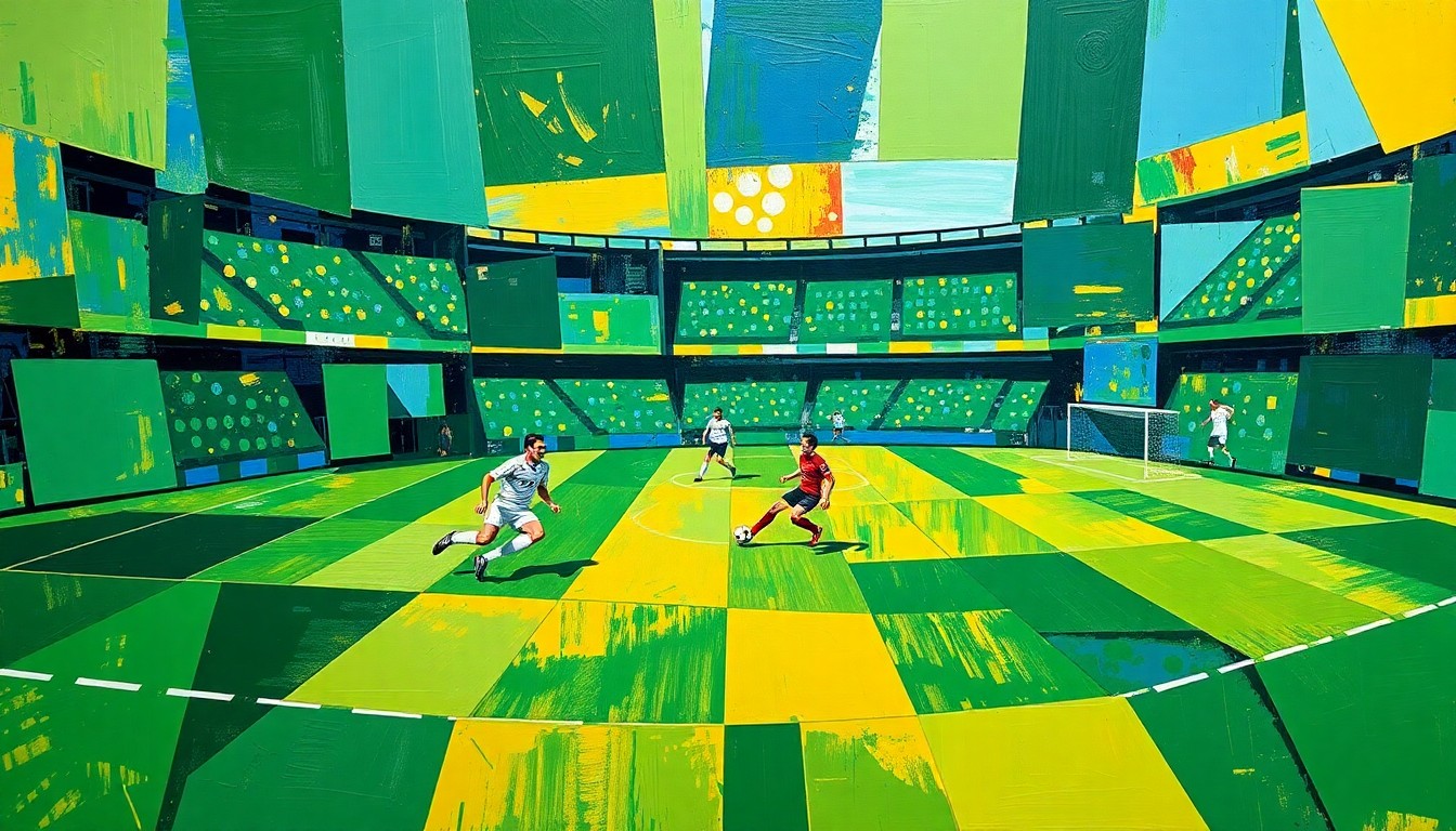 A cubist, geometric painting depicting a soccer game broken down into overlapping planes of emerald green, royal blue, and golden yellow, conceptually representing the varied interests and skills of the Hearts of Pine players beyond the sport.
