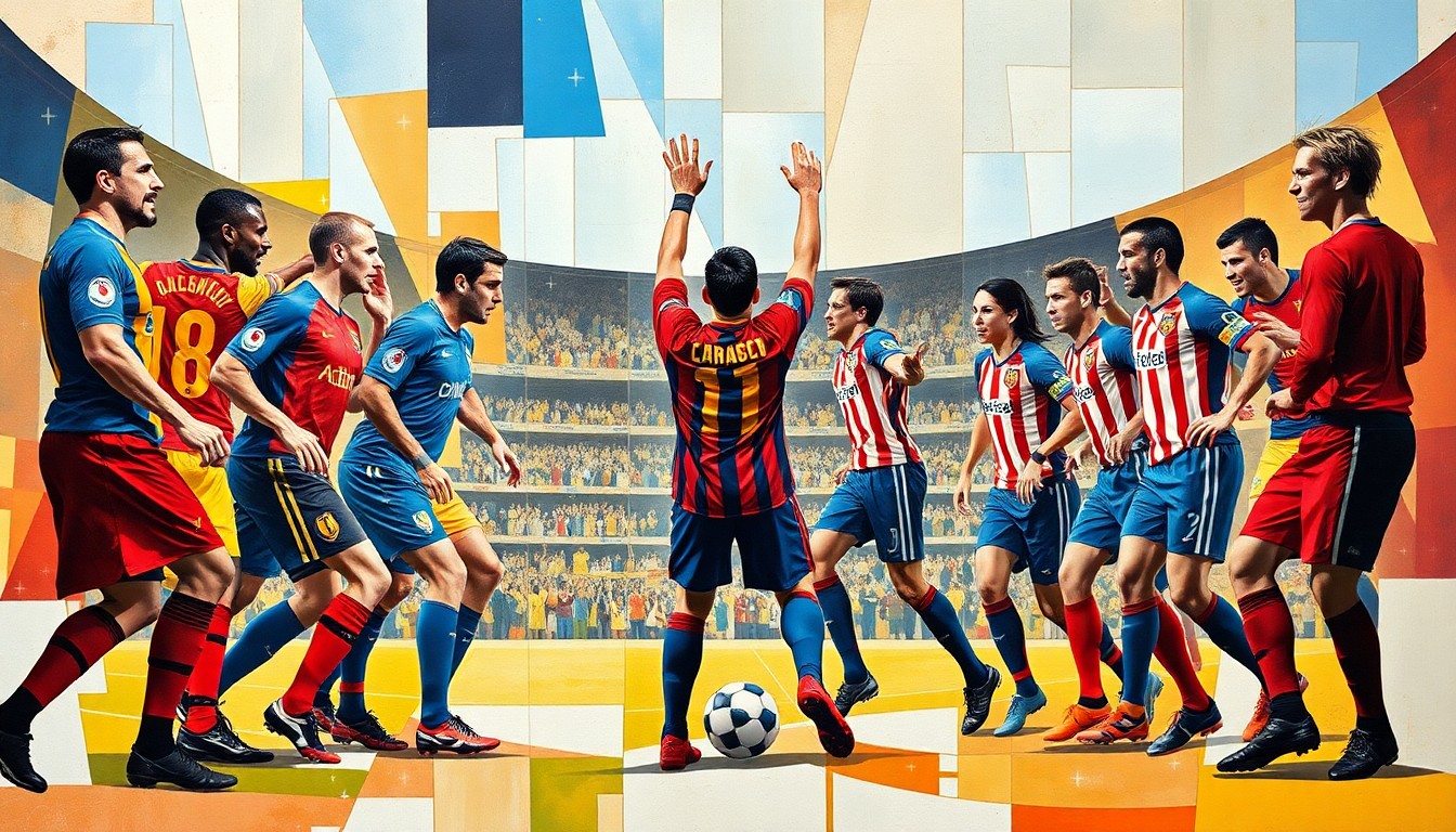 A fractured, multi-perspective painting in bold, angular shapes and colors, depicting the intensity and discipline of a high-stakes Champions League football match between two top teams.