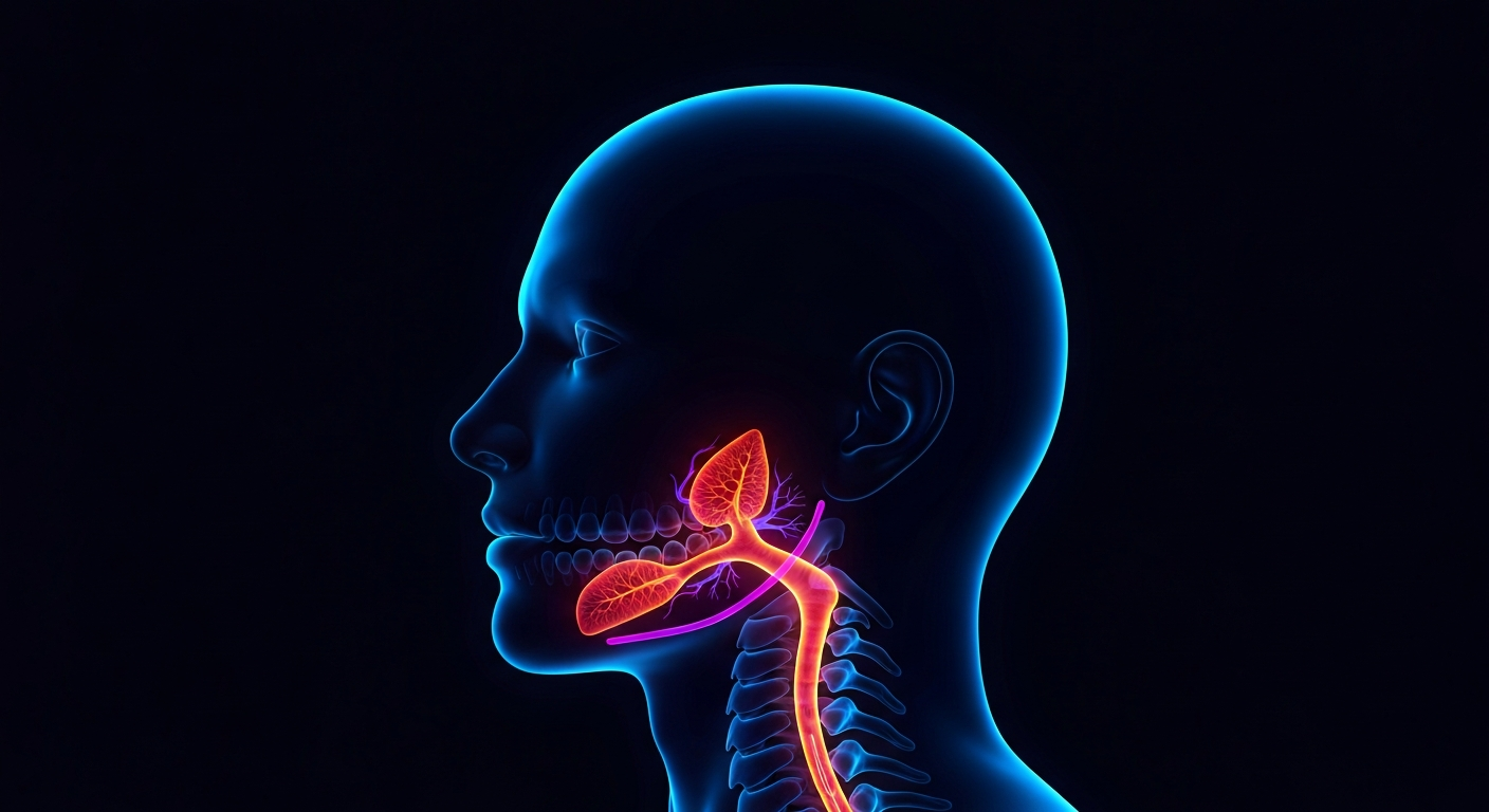 A minimalist design in the style of Keith Haring where the head and neck are defined entirely by glowing, vibrant neon lines against a deep, dark background, with the jaw and airway area highlighted to emphasize the focus on airway health.