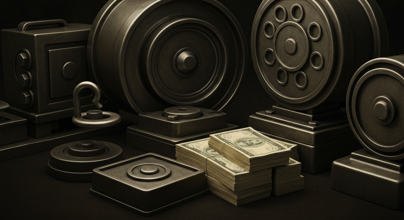An extreme close-up of gears, levers, and other heavy industrial banking machinery, conveying the tangible, physical nature of financial systems and wealth management.