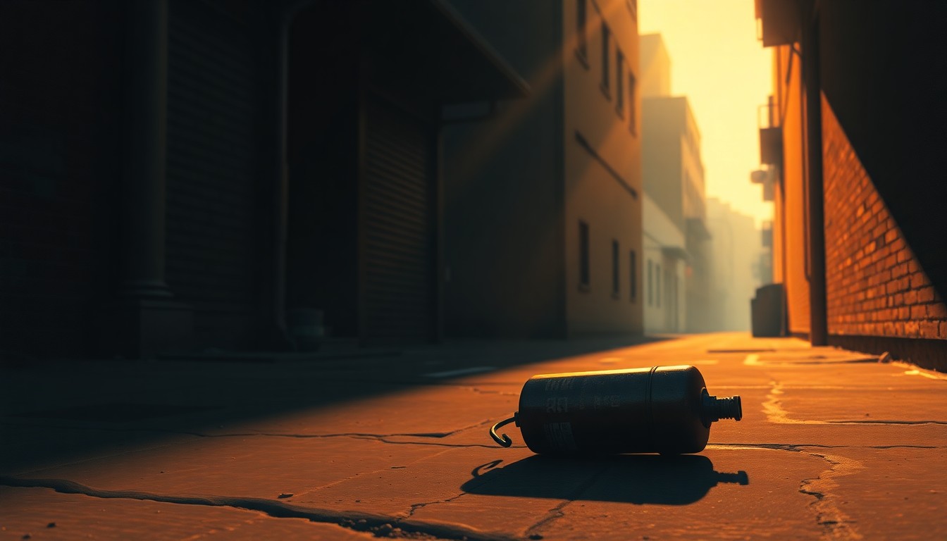 A serene, cinematic painting of a solitary tear gas canister rolling on the ground in an empty urban alleyway, the canister's metallic surface reflecting the warm, diagonal sunlight and deep shadows, conceptually representing the complex dynamics between protesters and law enforcement.