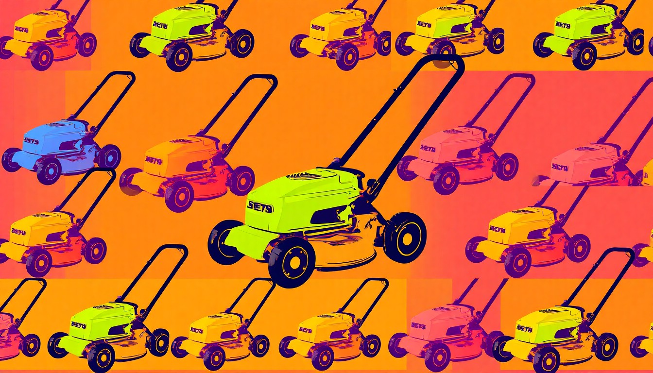 A brightly colored, high-contrast silkscreen print of a single lawn mower icon repeated in a tight grid pattern, capturing the debate over natural grass versus artificial turf in a conceptual pop art style.