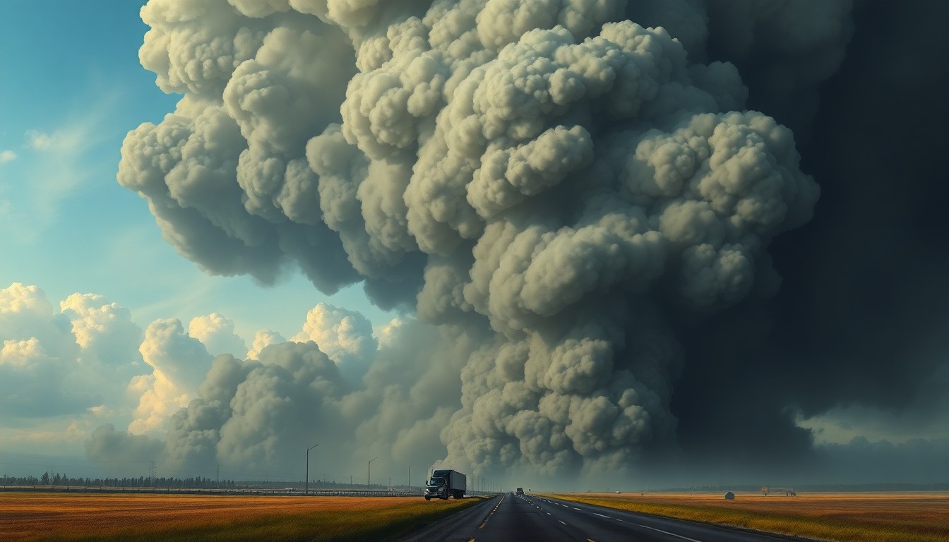A vast, atmospheric landscape painting in muted tones, with a towering plume of black smoke billowing up from the highway, obscuring the details of the surrounding environment and conveying the overwhelming scale of the natural disaster unfolding.