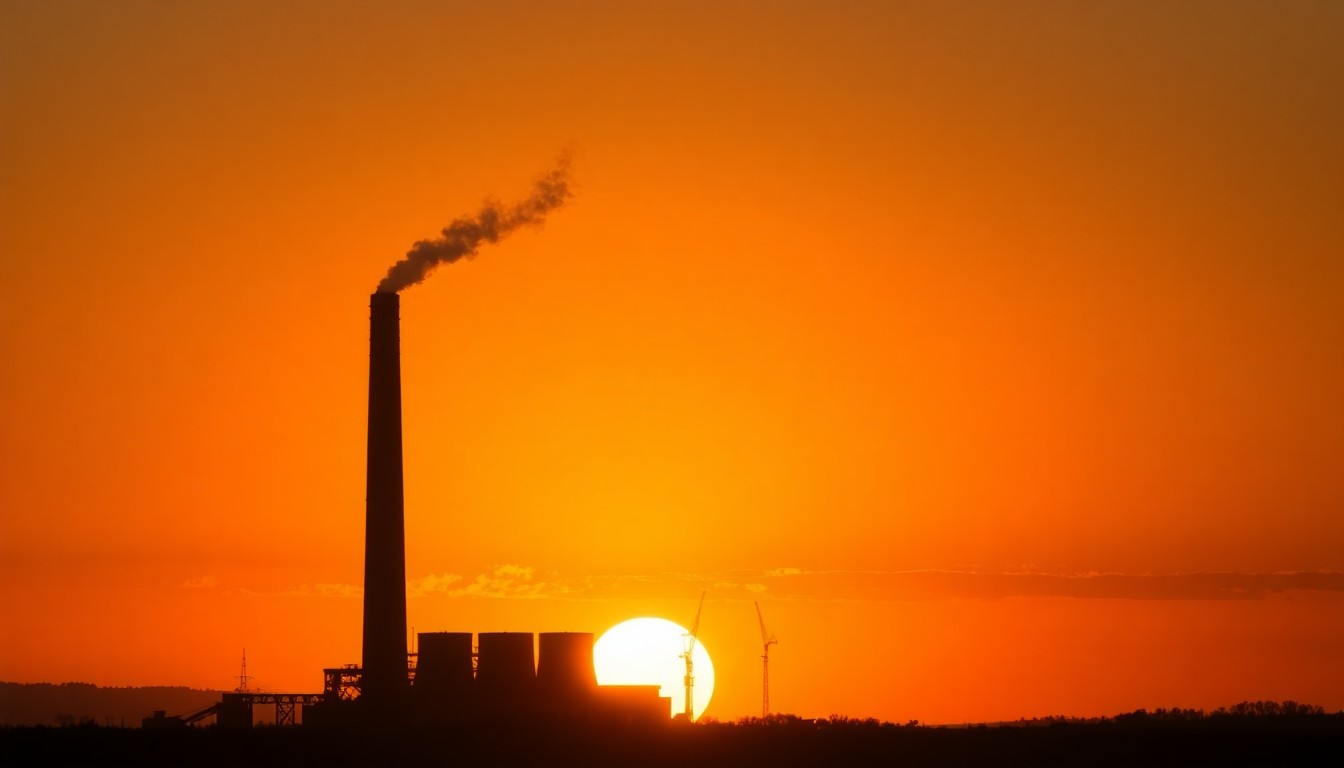 A cinematic painting of a lone coal power plant smokestack against a warm, golden sunset sky, with deep shadows across the foreground, conceptually illustrating the tension between federal and state climate policies.