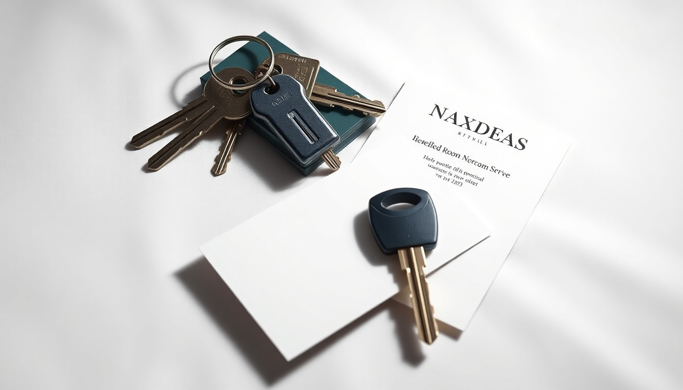 A high-end, photorealistic studio still-life photograph featuring a stack of hotel room keys, a hotel room key card, and a hotel room service menu arranged elegantly on a clean, white seamless background, conceptually representing the abstract corporate strategy and financial implications of the dispute between the hotel and its condo owners.