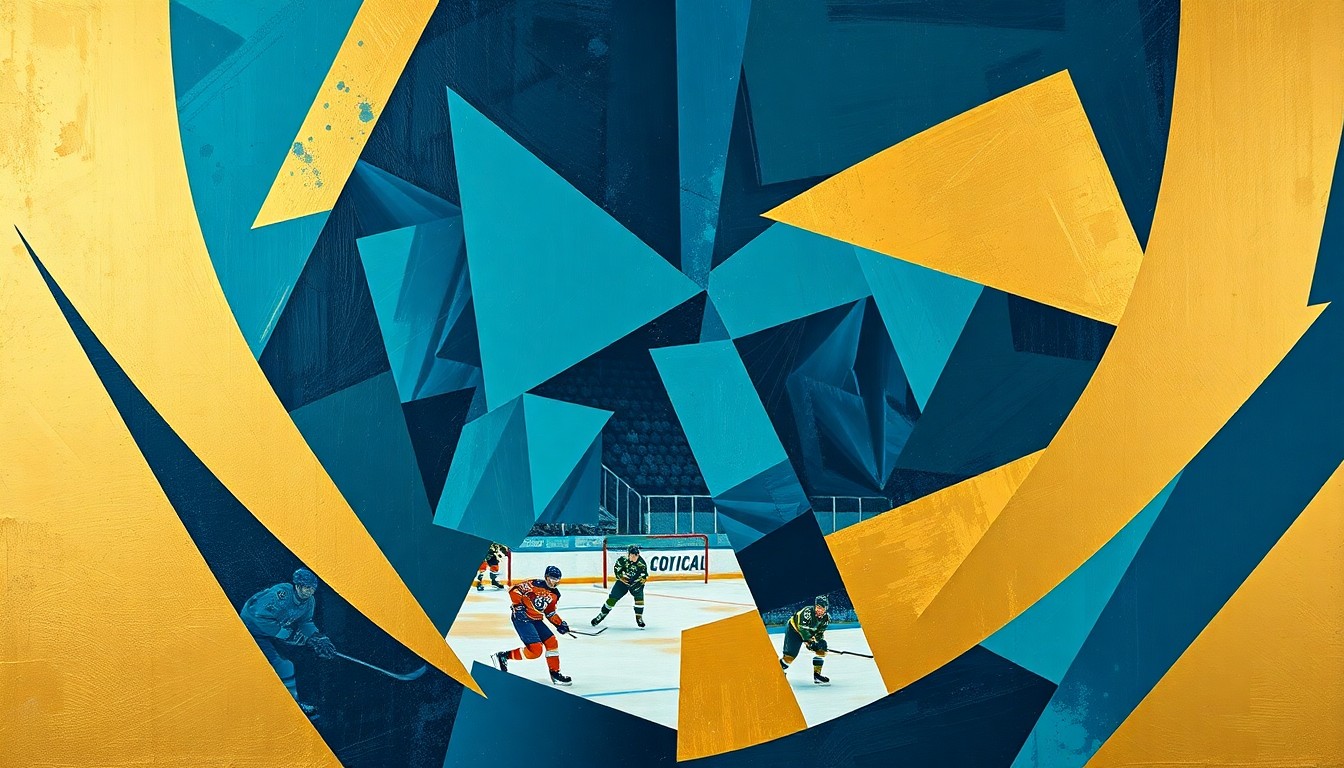 A cubist, geometric painting depicting a hockey game or match, with sharp, overlapping planes of teal, navy, and gold, conveying the energy and movement of the sport.