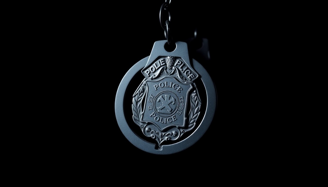 An extreme close-up photograph of a police badge or handcuffs against a pitch-black background, lit by a harsh, direct camera flash to create a stark, gritty, investigative aesthetic, conceptually representing the investigation and aftermath of a violent crime.