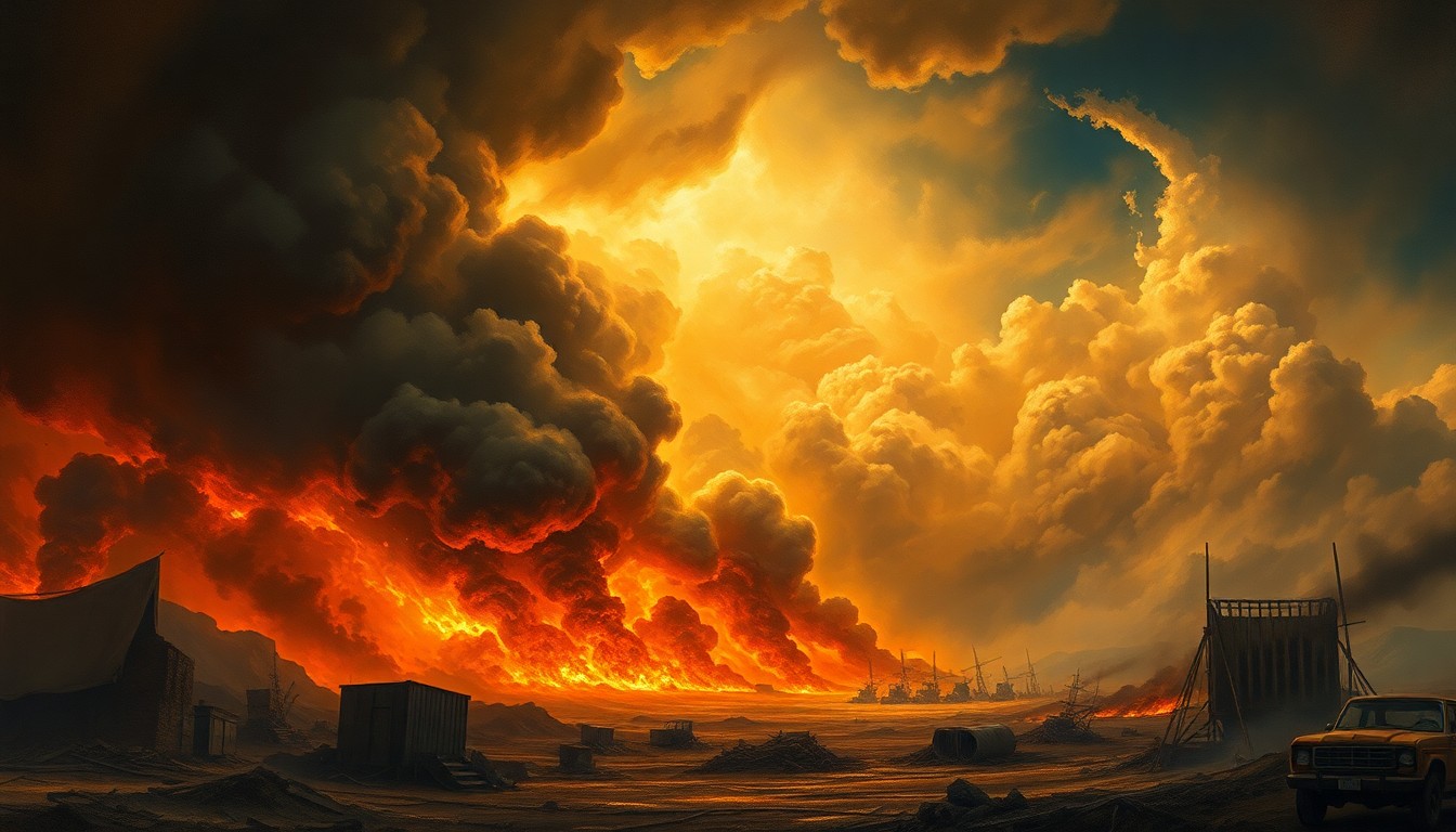A sweeping, atmospheric landscape painting depicting a massive fire consuming a scrapyard in the distance, with thick smoke and flames billowing up into a dramatic, turbulent sky, conveying the overwhelming scale and power of the natural disaster.