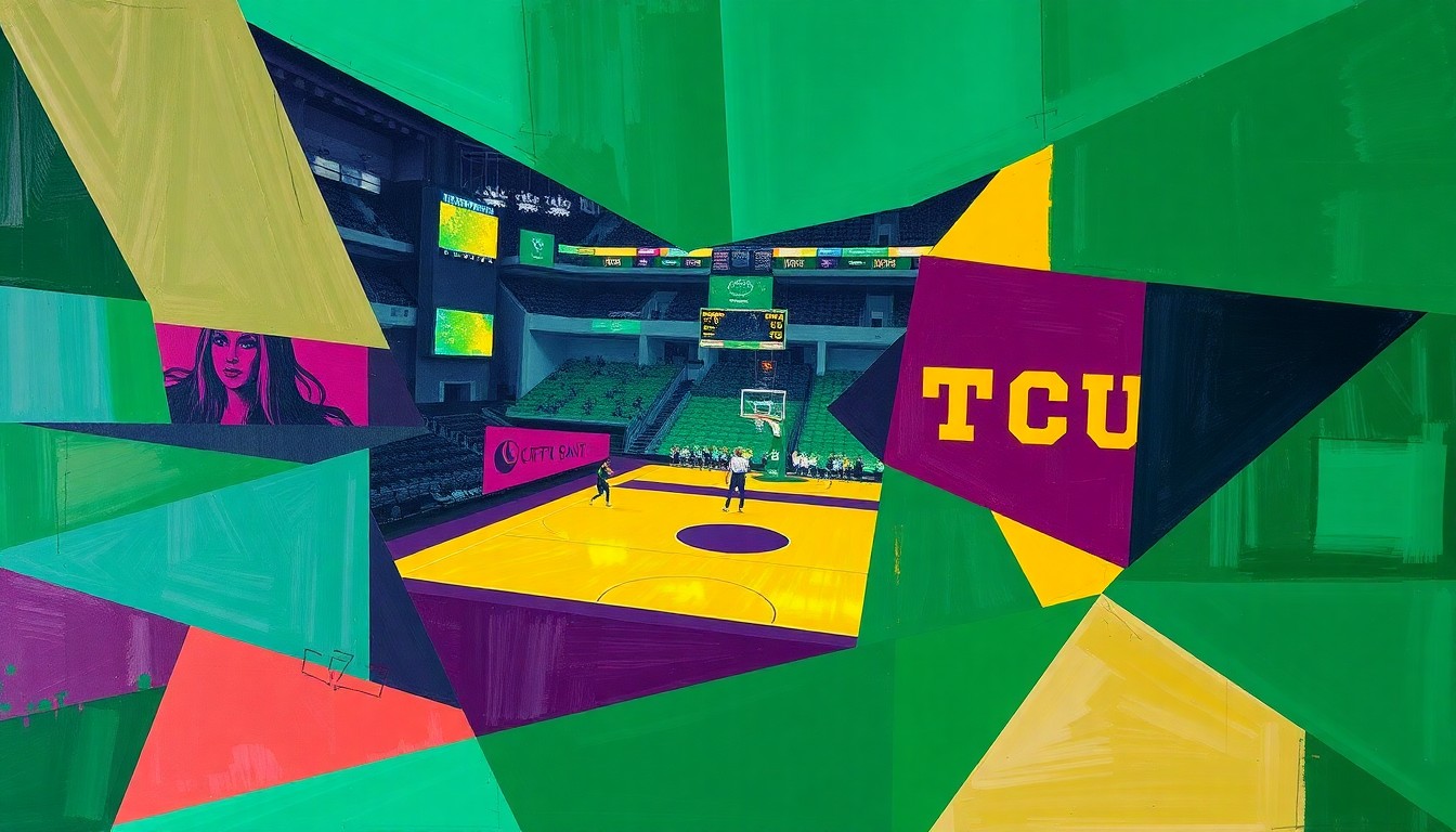 A fractured, cubist-style painting depicting a WNBA basketball game or match, with the players and court broken down into sharp, overlapping geometric planes in the official team colors of the Seattle Storm and TCU, conveying the strategic risk and potential reward of the Storm's draft pick.