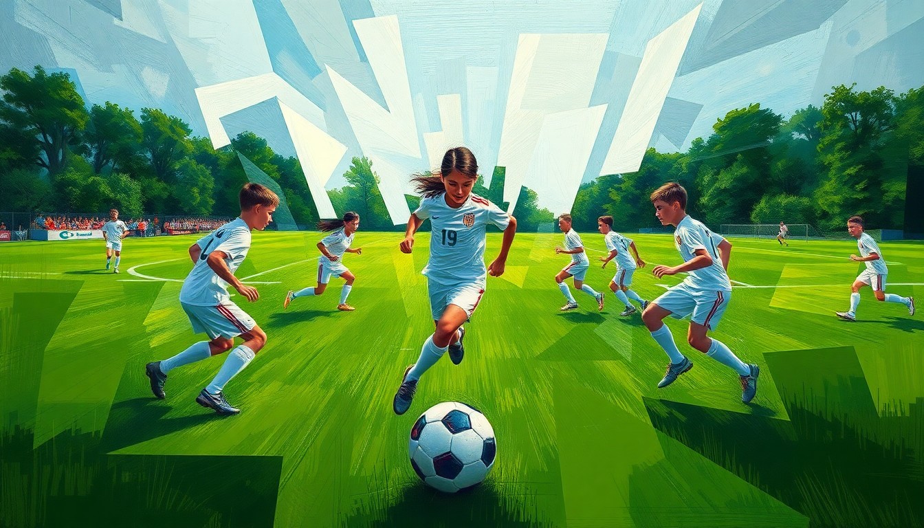 A fragmented, geometric painting depicting the action and energy of a high school soccer match, with overlapping planes of green grass, white uniforms, and a glowing soccer ball.