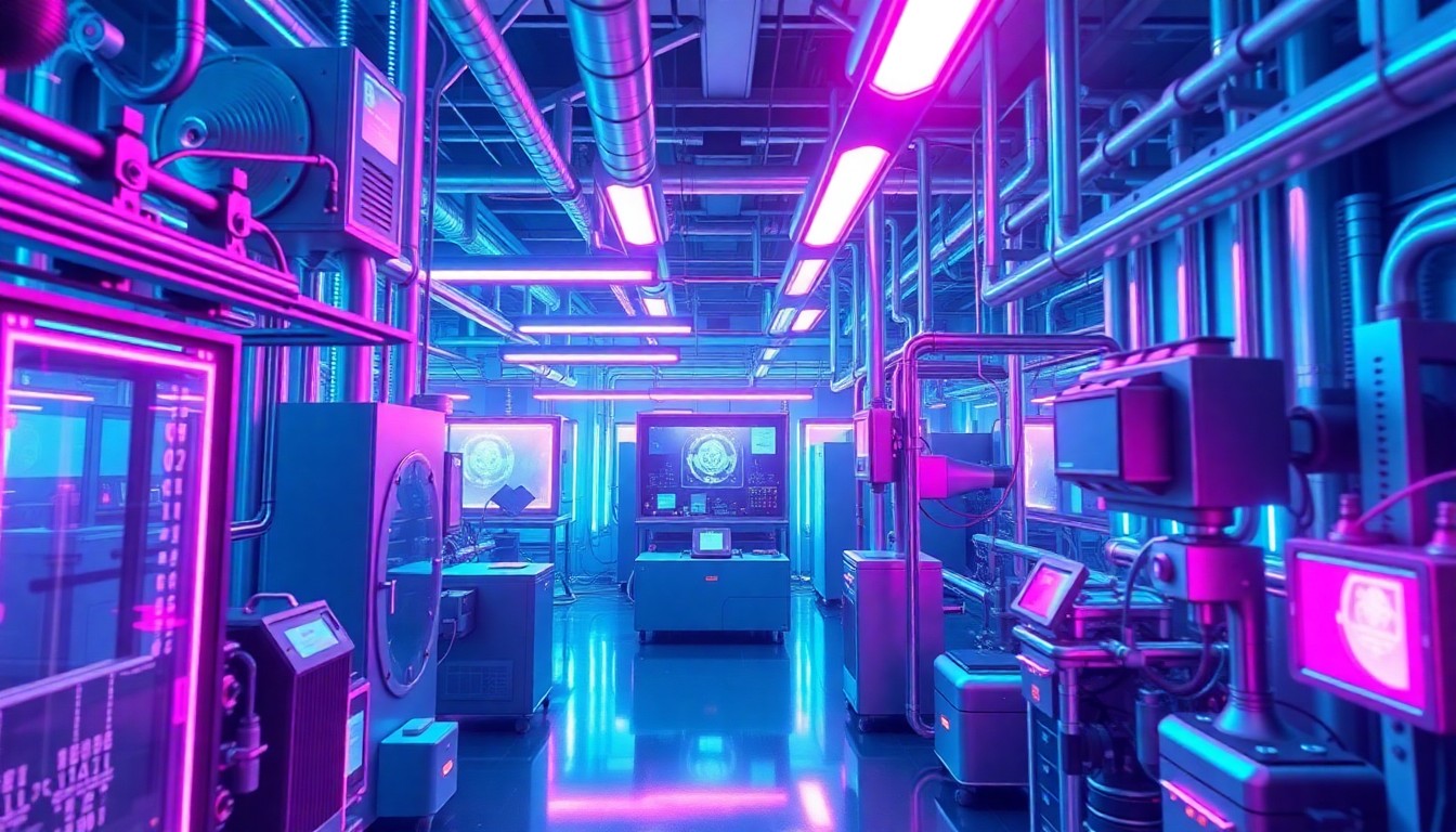 A highly detailed 3D illustration of a glowing, futuristic semiconductor fabrication cleanroom, with intricate machinery, pipes, and lighting elements in shades of neon cyan and magenta, conveying the advanced, high-tech nature of semiconductor manufacturing.