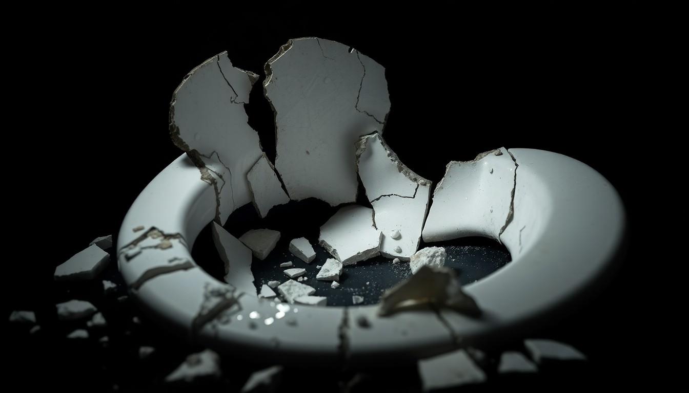 An extreme close-up photograph of a shattered porcelain toilet seat, lit by a harsh, direct camera flash against a pitch-black background, conceptually representing the aftermath of a homemade explosive device detonation.