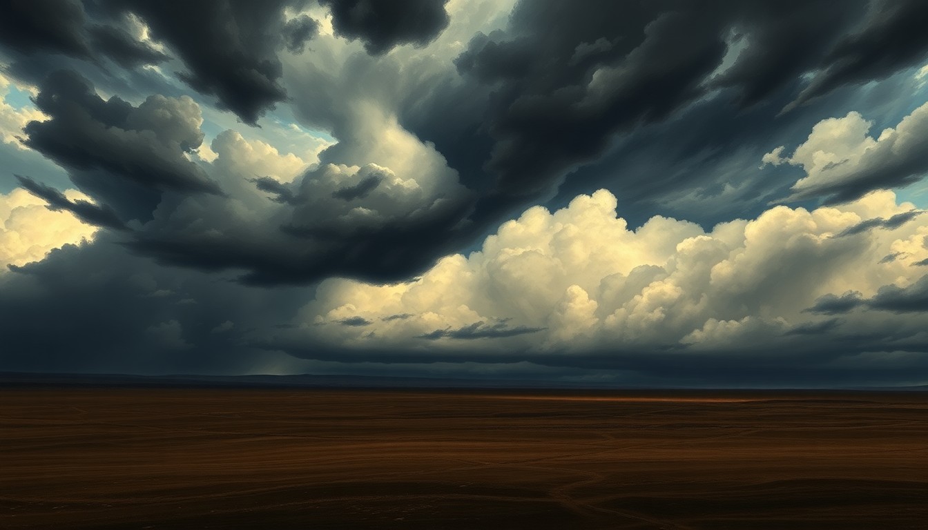 A vast, atmospheric landscape painting in muted tones of gray, blue, and green, with a dramatic, turbulent sky filled with ominous storm clouds looming over a flat, desolate plain, conveying the overwhelming scale and power of the impending severe weather.