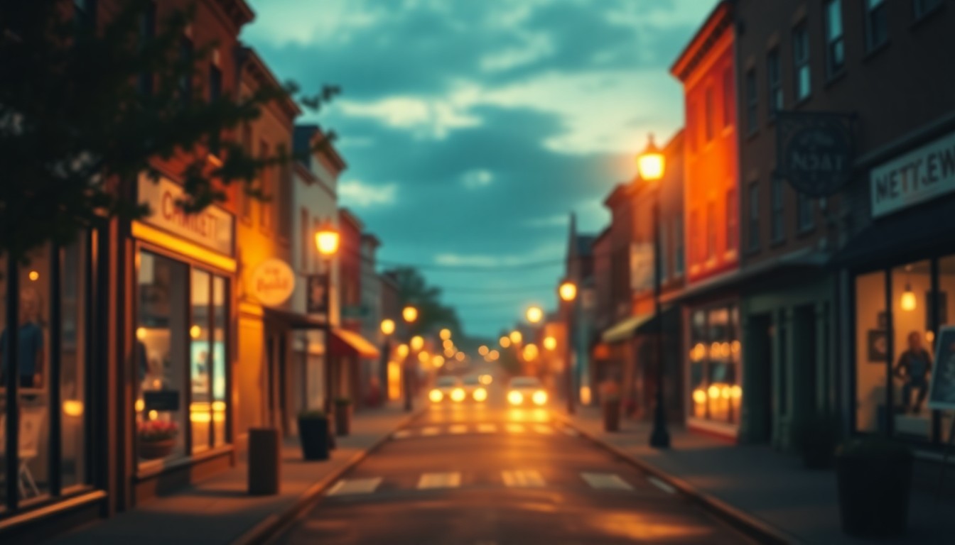 An extremely abstracted, out-of-focus photograph of a dimly lit main street, with soft pools of warm yellow, orange, and blue light creating a melancholy yet comforting atmosphere that reflects the somber mood of a community mourning the loss of one of its own.