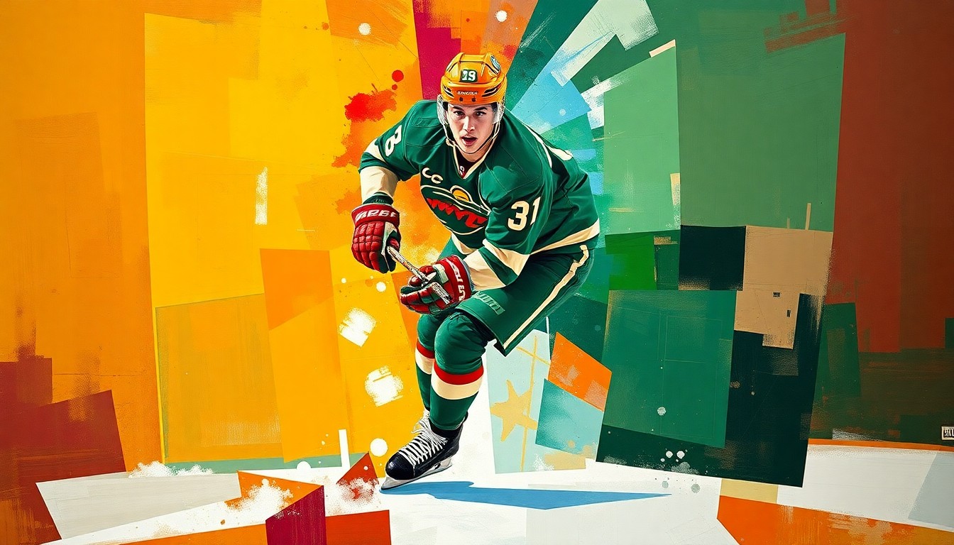 A fractured, multi-perspective painting depicting a hockey player in motion, with sharp, overlapping geometric planes in the colors of the Minnesota Wild's uniforms, capturing the raw energy and athleticism of the sport.