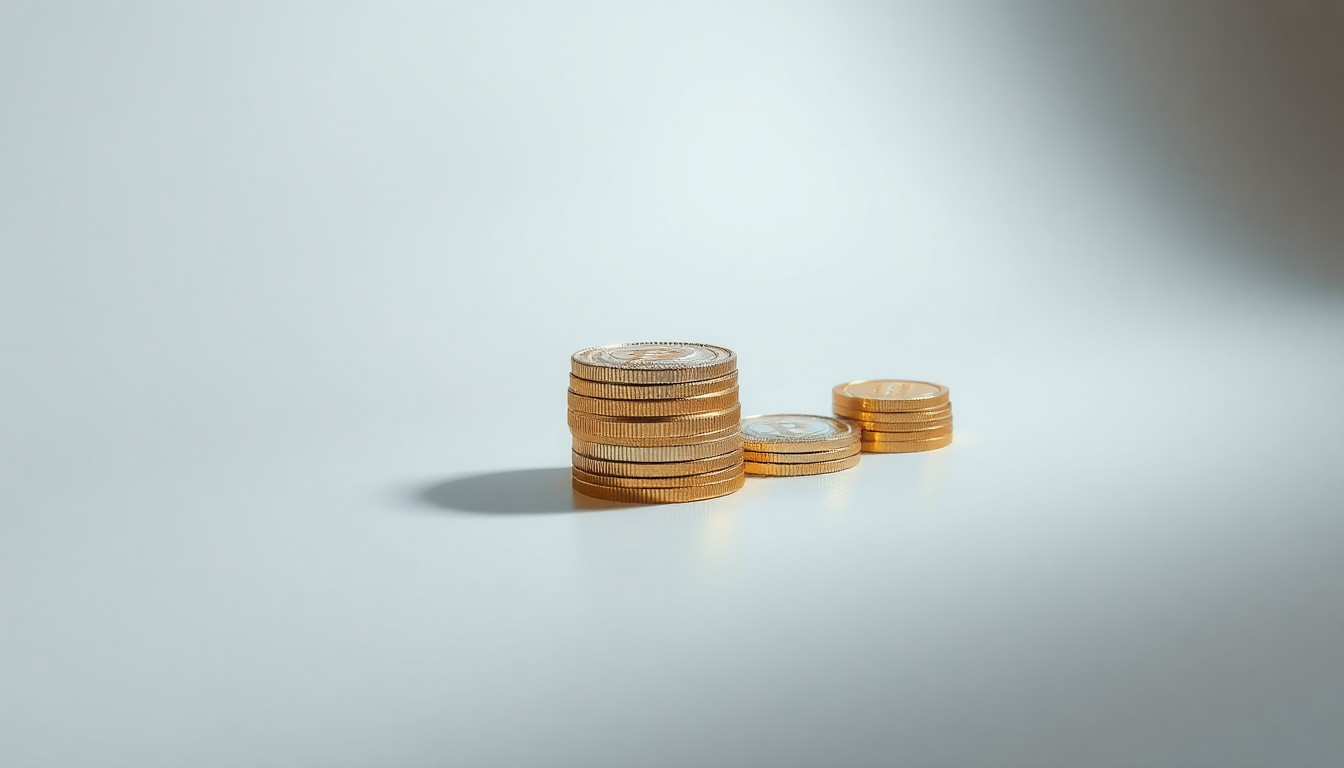 A high-end, photorealistic studio still-life photograph featuring a stack of shiny, metallic cryptocurrency coins and tokens floating elegantly on a clean, monochromatic background, conceptually representing the abstract financial power and market volatility of the cryptocurrency industry.