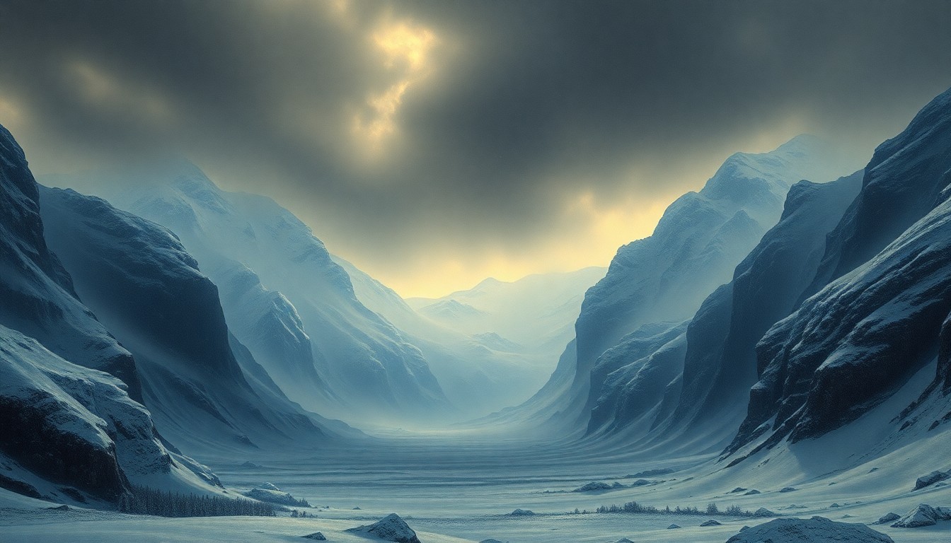 A sweeping, atmospheric landscape painting in muted tones of gray, white, and blue, depicting a vast, snowy expanse with only the faintest outlines of distant mountains visible through the heavy, swirling clouds. The scene conveys a sense of the overwhelming, sublime scale of the natural world in the face of extreme weather conditions.