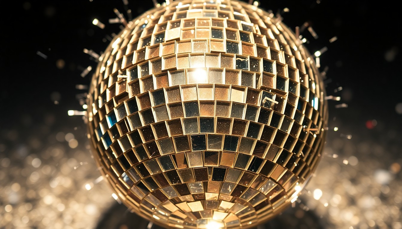 An abstract close-up photograph of a shattered disco ball, with the reflective shards of glass creating a glittering, high-contrast visual texture.