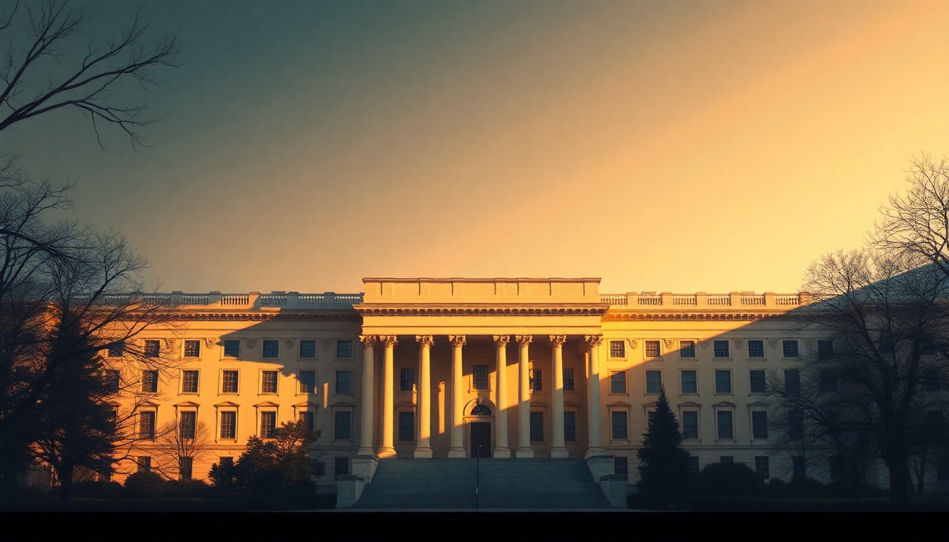 A cinematic painting of the Eisenhower Executive Office Building in Washington, D.C., bathed in warm, diagonal sunlight and deep shadows, capturing the building's historic grandeur and the tension between its past and potential future.