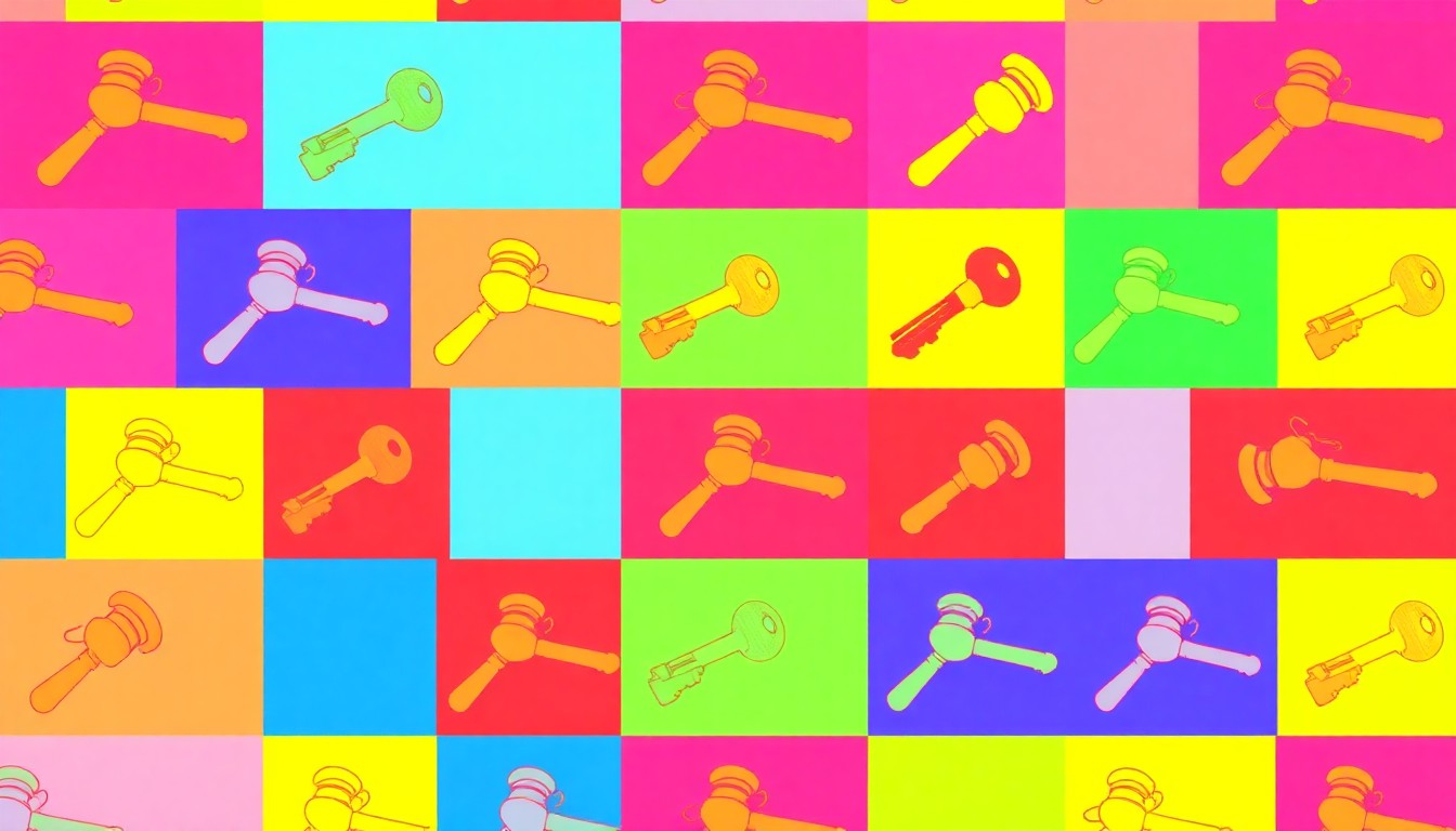 A brightly colored, high-contrast silkscreen print of a gavel repeated in a tight grid pattern, conceptually representing the second chances and fresh starts being offered at the Detroit Pistons' Social Impact Summit.