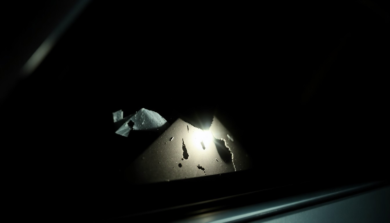 An extreme close-up photograph of a damaged car sensor or side mirror, lit by a harsh, direct camera flash against a pitch-black background, conceptually illustrating the aftermath of a high-speed pursuit.