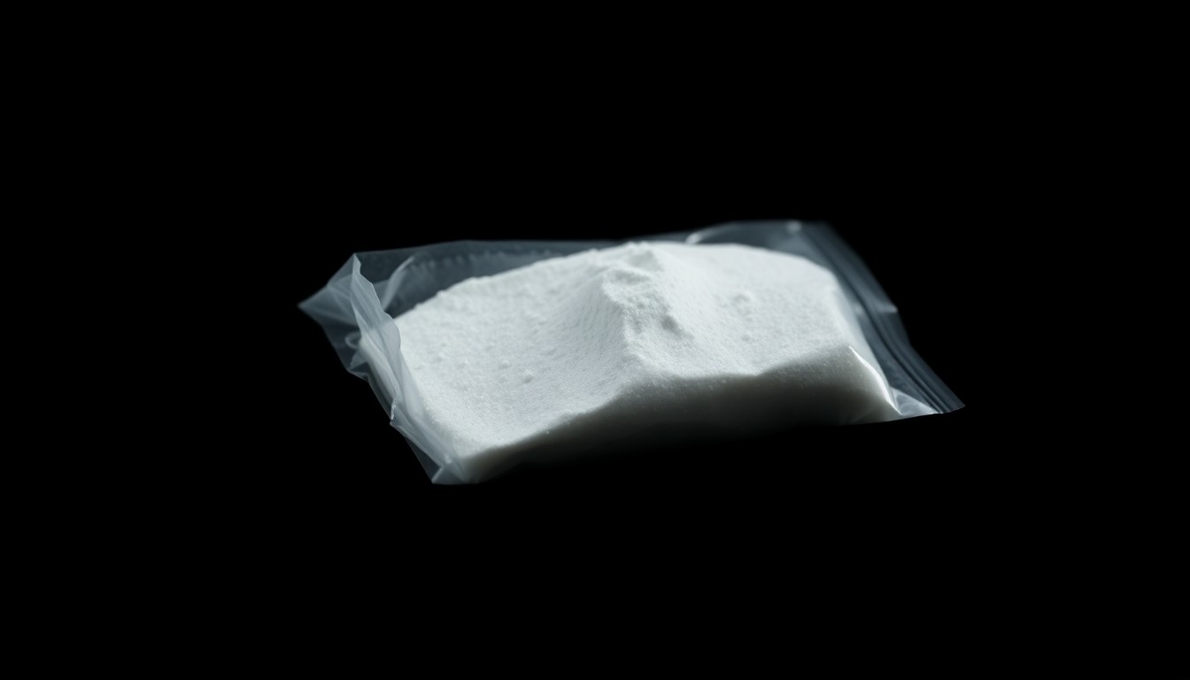 An extreme close-up photograph of a small plastic bag containing white powder, lit by a harsh, direct camera flash against a pitch-black background, creating a stark, gritty, investigative aesthetic.