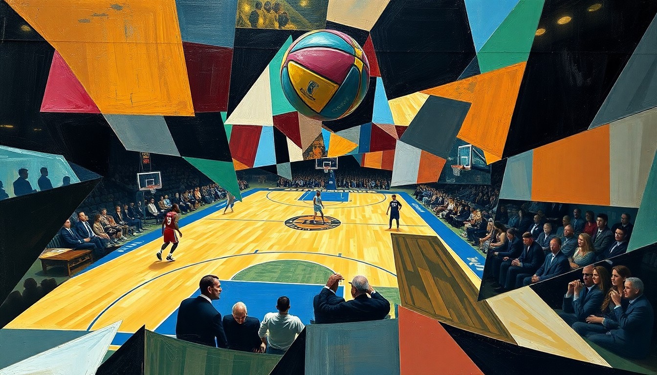 A cubist-style painting depicting a fragmented basketball game, with overlapping geometric shapes and planes representing the players and action on the court.