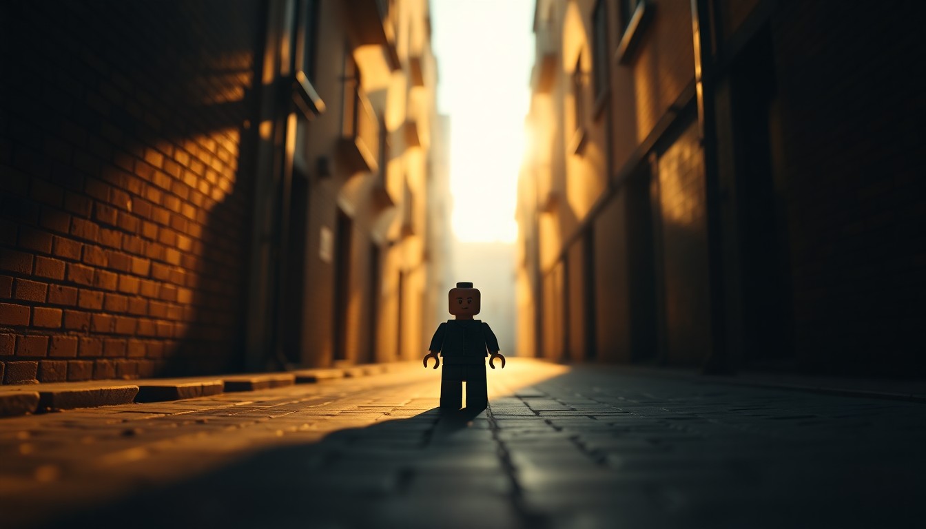A solitary Lego figure standing alone in a dimly lit urban alleyway, the figure's form and shadows creating a cinematic, nostalgic mood that conceptually represents the Iranian government's propaganda efforts using Lego videos.