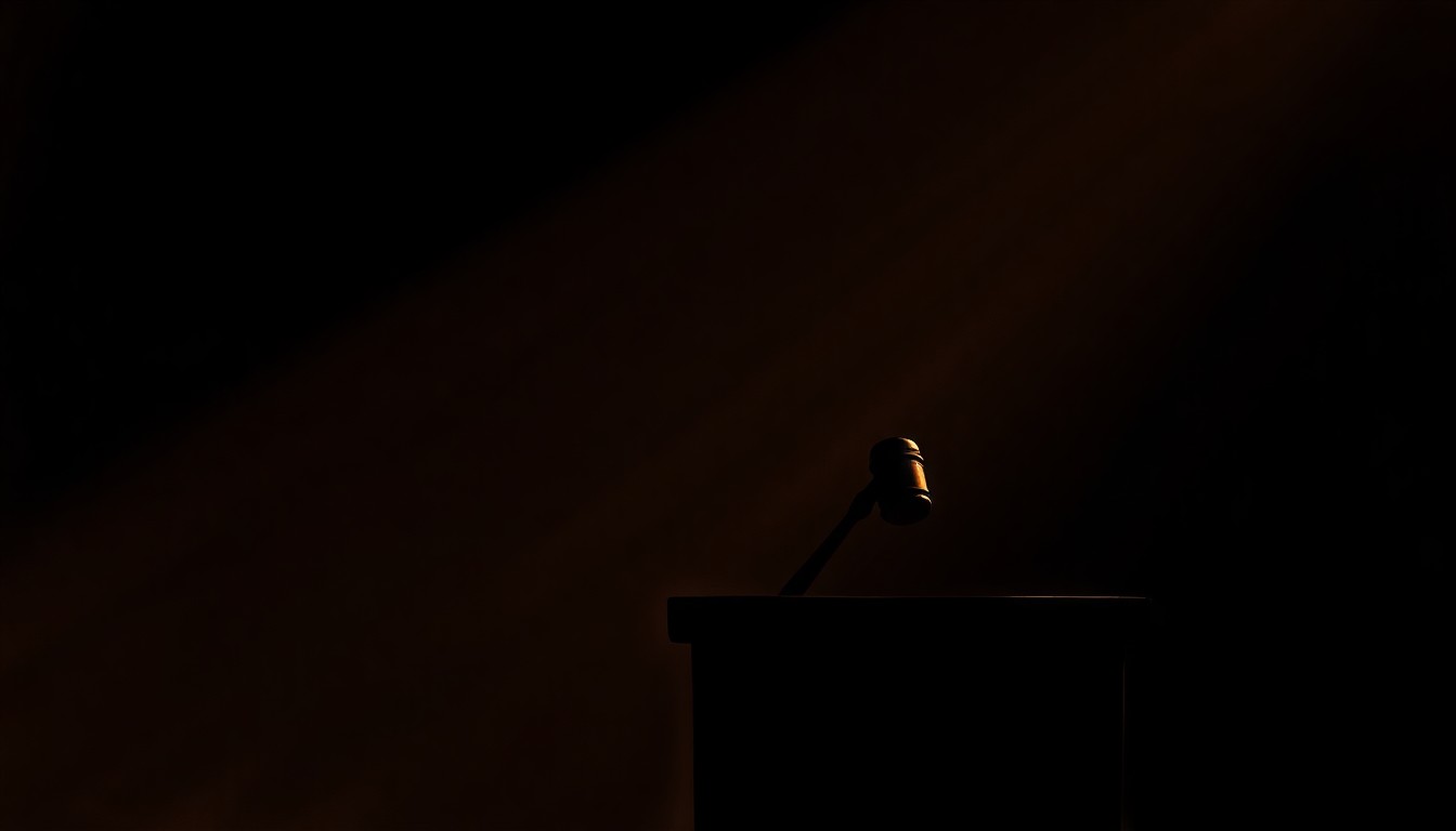 A dimly lit, cinematic painting of a solitary political podium, its edges softened by warm, golden light and deep shadows, conveying a sense of nostalgia and the weight of history.