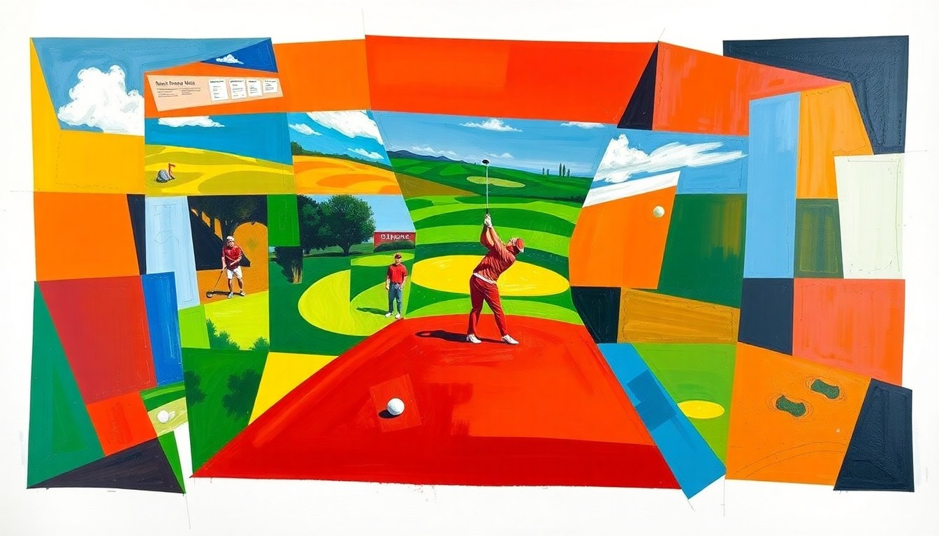 A cubist, geometric painting featuring overlapping planes of bright green, orange, and blue, capturing the dynamic motion and competition of a golf tournament.