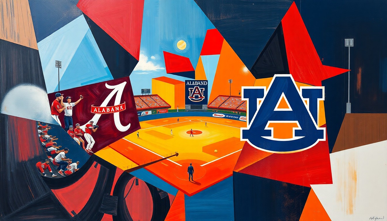 A fragmented, geometric painting in bold colors depicting the motion and energy of a softball game between two teams, without any identifiable players or logos.