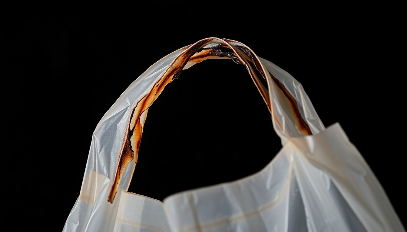 An extreme close-up photograph of a severely burned and melted plastic shopping bag handle, capturing the aftermath of a fire incident at a shopping mall in stark, dramatic lighting.