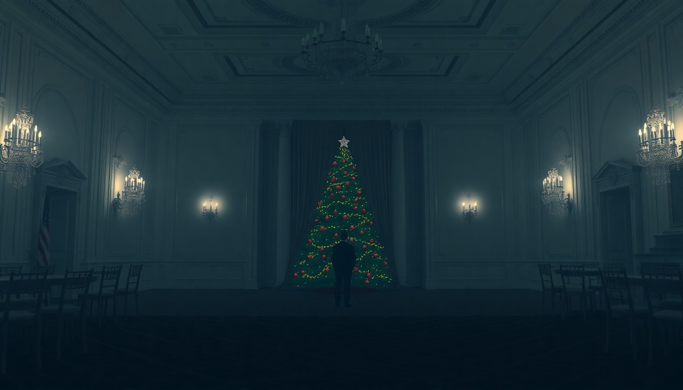 A cinematic, moody painting of a solitary figure standing alone in a dimly lit Mar-a-Lago ballroom, with a Christmas tree in the background, conveying a sense of quiet melancholy and political tension.