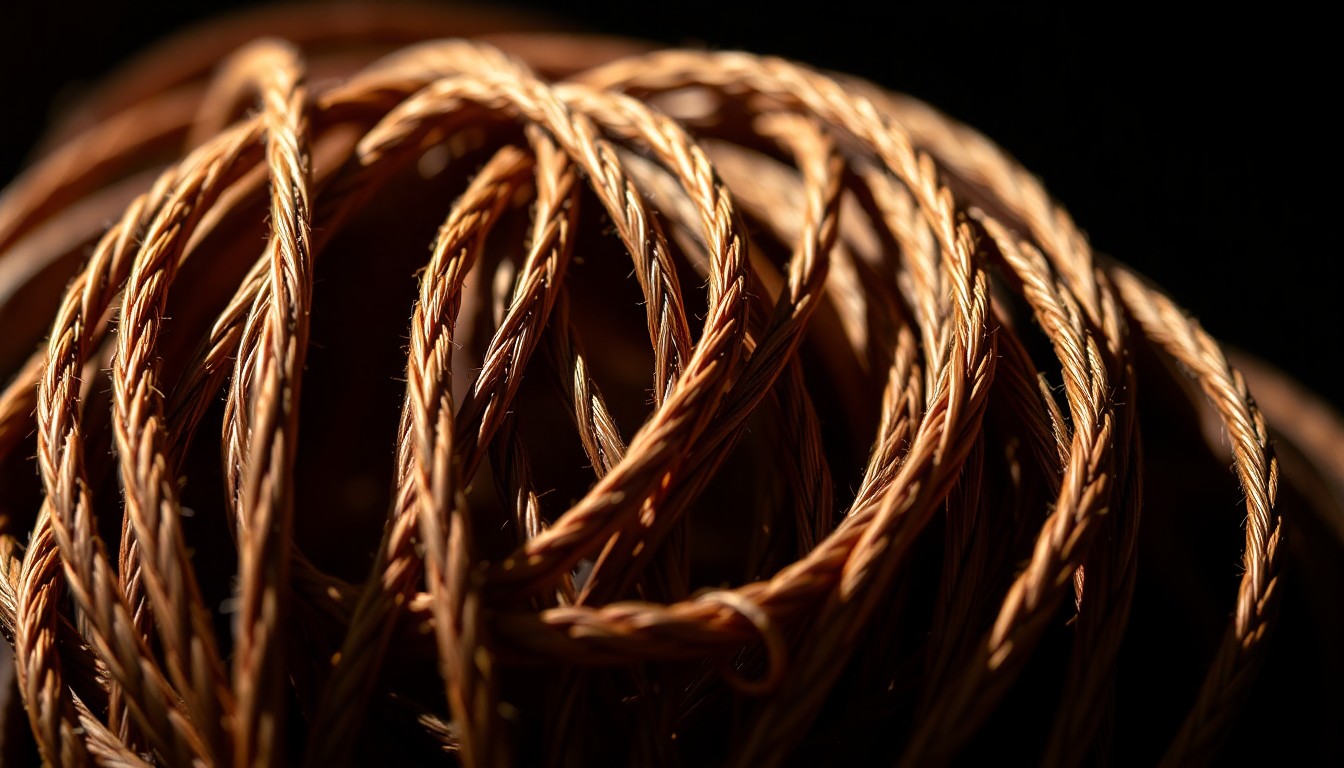 An extreme close-up of the coiled, textured surface of used guitar strings, captured in dramatic studio lighting to create a luxurious, high-fashion aesthetic.